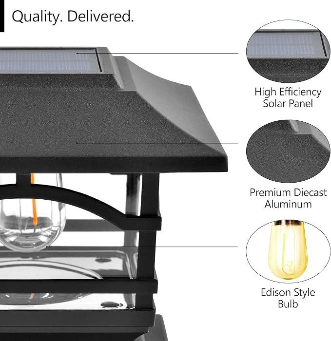Edison Solar Outdoor Post Cap Lights - 4x4 5x5 6x6 - Bright LED Light for Fence Deck Garden or Patio Posts - Slate Black (1 Pack) | Slate Black, fence/deck/garden/patio posts, diecast aluminum & glass, bright 30lm warm white LED, auto-on, 8h, cordless,...