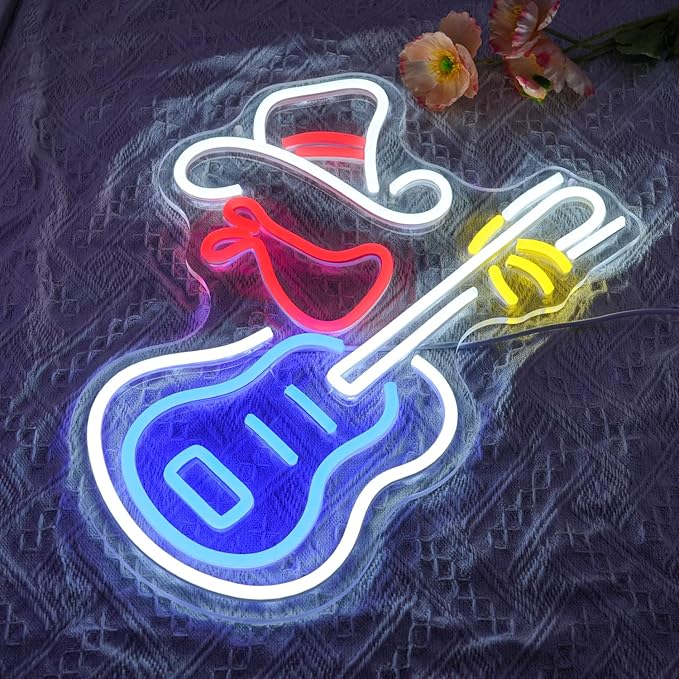 Cowboy Hat Neon Sign for Wall Decor Guitar Neon Light Beer Bar Sign Music Neon Signs LED Sign Neon Lights for Wall Art LED Neon for Home Bar Pub Shop Party Bar Led Sign(16.5"*12.9")