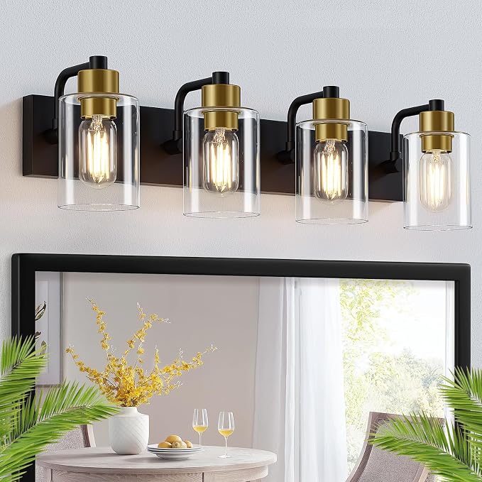 Dpyrrhic Bathroom Light Fixtures,Matte Black and Gold 4-Light Bathroom Lights with Clear Glass Shade,Modern Wall Sconces Over Mirror for Bathroom
