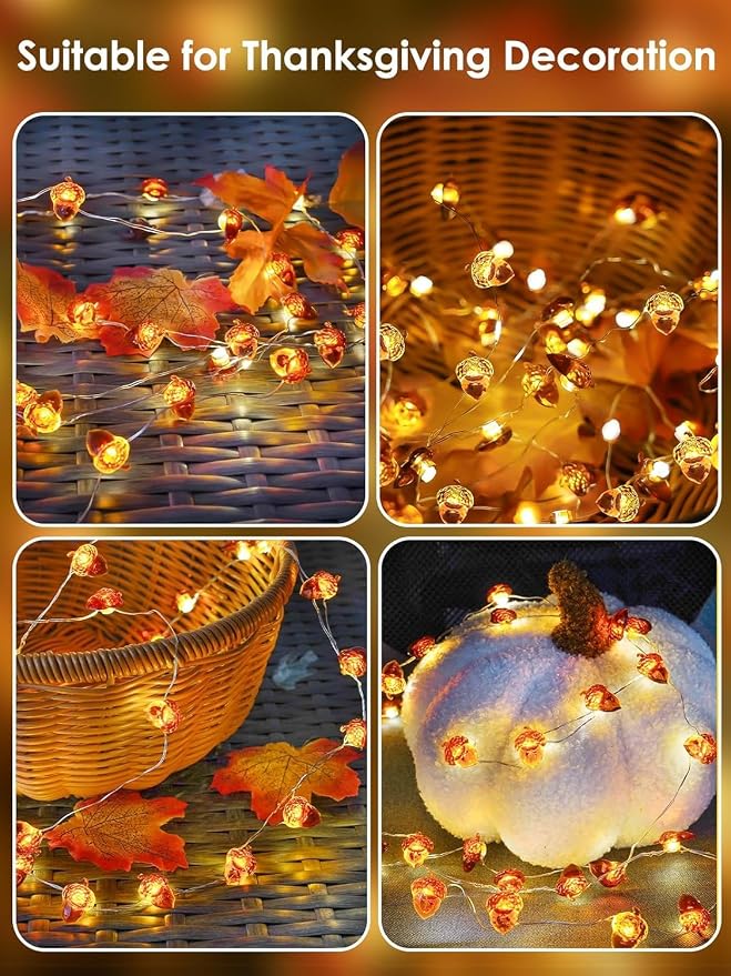 Acorn Fall Lights Battery Operated LED String Lights with Remote & Timer | 8 Modes, IP44 Waterproof, 10FT 30 LED Fall Fairy Lights Twinkle for Harvest Thanksgiving Halloween Party Indoor Outdoor Decor