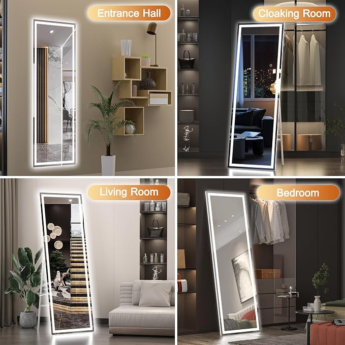 Hasipu Full Length Mirror with Lights, 58" x 18" LED Lighted Floor Standing, Full Body Dressing Hanging Mounted Mirror, Tempered Glass, Square White