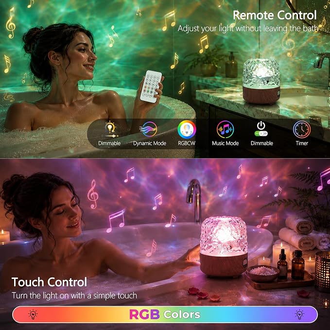 Waterproof Shower Light with Bluetooth Speaker, 16 Colors Shower Lamp with Remote & Touch Control, Rechargeable Ocean Wave Projector Light No Wiring, Mood Lighting for Inside Shower, Bathroom, Bathtub
