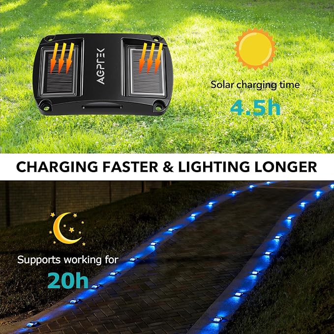 AGPTEK Solar Driveway Lights 12 Pack, Outdoor Deck Dock Marine Waterproof | LED Solar Powered Driveway Marker Lights for Warning Step, Sidewalk, Pathway, Garden, Yard (Blue Light, Black)
