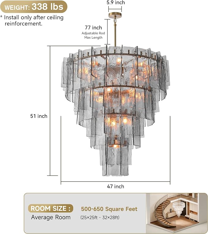 47" Extra Large Tiered Smoked Clear Textured Glass Chandelier, 18-Light Modern Large Pendant Lighting with E26 Sockets, 77" Adjustable Rods, Ceiling Fixture for Dining Room, Living Room, Foyer (Gold)
