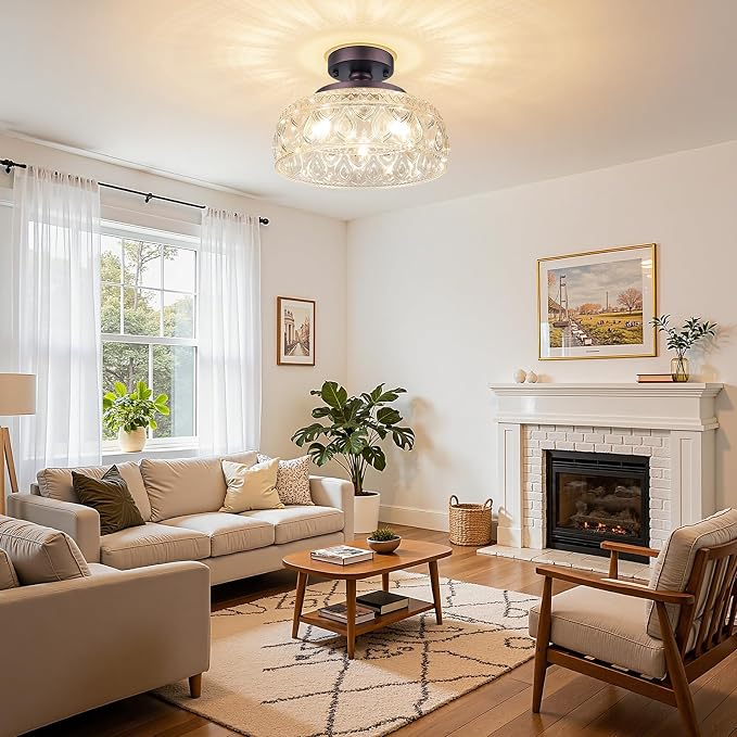 Modern 3-Light Glass Semi Flush Mount Ceiling Light Fixture Bronze | E12 Base, Dimmable, Vintage Globe Pendant Lamp for Kitchen, Hallway, Entryway, Bedroom, Living Room, Bulbs Not Included