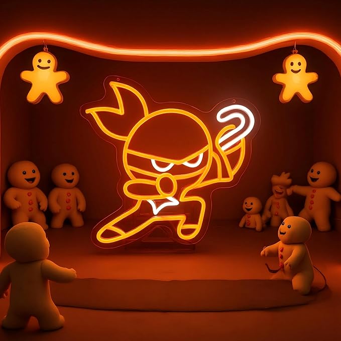 Cookie Ninja Neon Sign, Orange Cute Character Night Light, Adorable Cartoon Wall Decor, Fun Kids Room Art (12.2"x12.2")