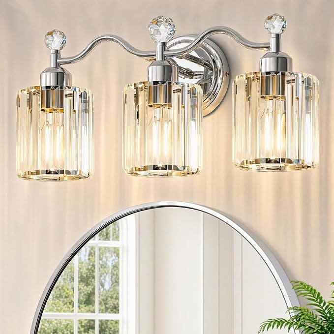 Bathroom Light Fixtures, 3-Light Vanity Light Over Mirror, Polished Chrome Wall Sconces with Clear Crystal Shades, Wall Lamp for Living Room Bedroom, E26 Base(Bulbs Not Included)