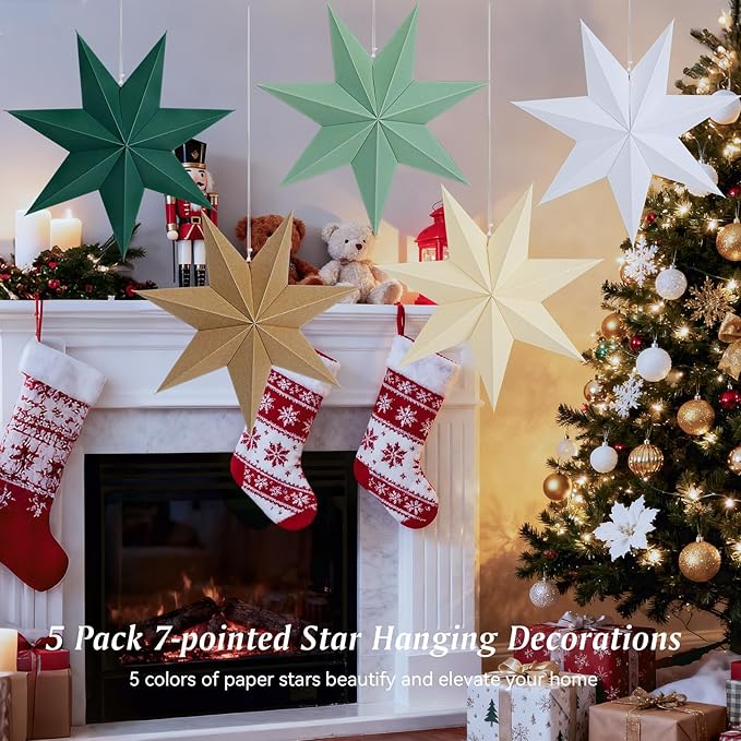 Lewondr Christmas Paper Star Lantern 5 Pack, Hanging 7-Pointed Star Lampshade Decoration, Window Paper Lanterns with 5 Colors for Xmas Wedding Holiday Party 17.72 Inch