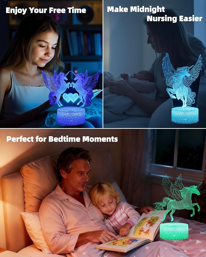 Unicorn Night Light Kid, 3D Illusion LED Lamp, 3 Patterns, Legend | 16 Colors Changing, Dimmable, Touch & Remote Control, Girls Bedroom Room Décor , Christmas Birthday Gift Toy Toddler Teenage