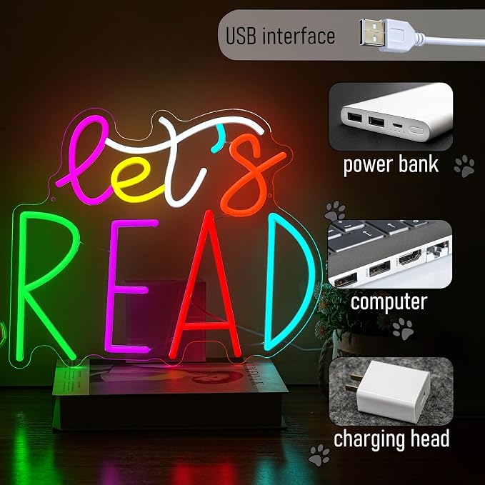 Let's Read Neon Sign for Wall Decor Neon Light Reading USB Powered Reading Motivational Light LED Sign for Classroom School Study Space Bedroom Club(12.6 * 15.35In)