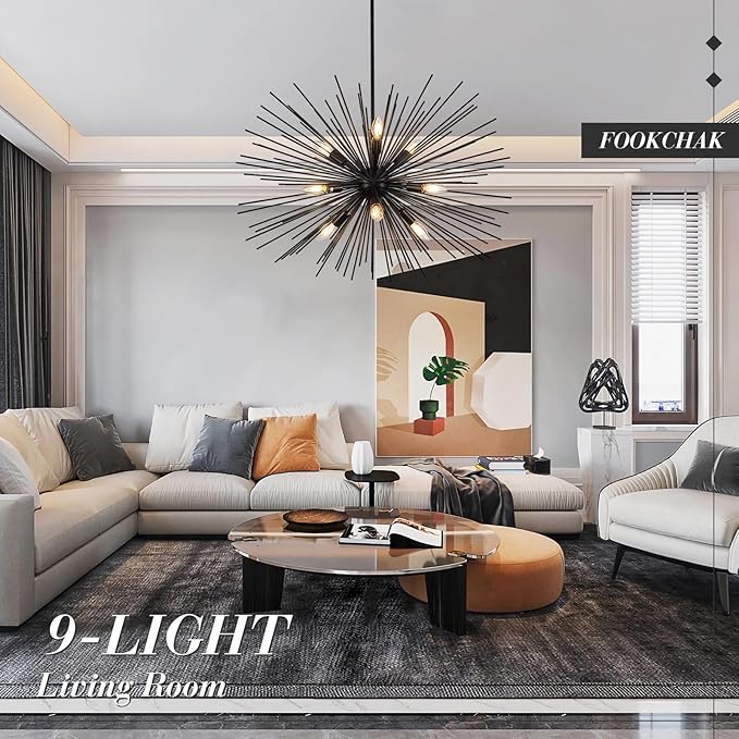 32in Black Sputnik Chandelier Solid Metal Starburst Chandelier Light Fixture 9-Light Mid-Century Modern Satellite Light Fixture for Living Room Dining Room Foyer Study Room Bathroom,E12