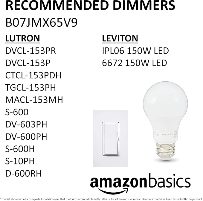 Amazon Basics A19 LED Light Bulbs, 60 Watt Equivalent, Energy Efficient 9W, E26 Standard Base, Soft White 2700K, Dimmable, 10,000 Hour Lifetime , 6-Pack