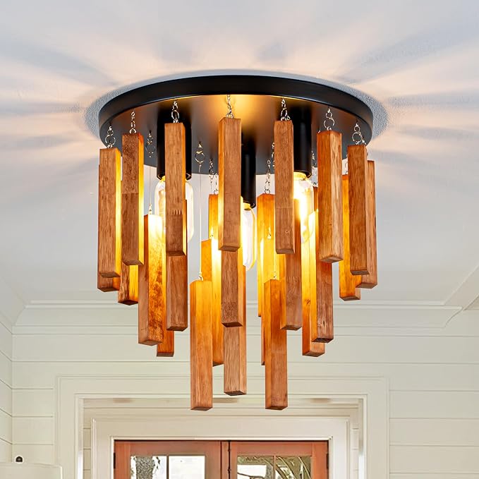 Farmhouse Light Fixture, 3-Light Wood Ceiling Light, Rustic Light Fixture with Wood and Black Metal Finish, Farmhouse Semi Flush Chandelier for Bedroom, Hallway, Entryway, Kitchen