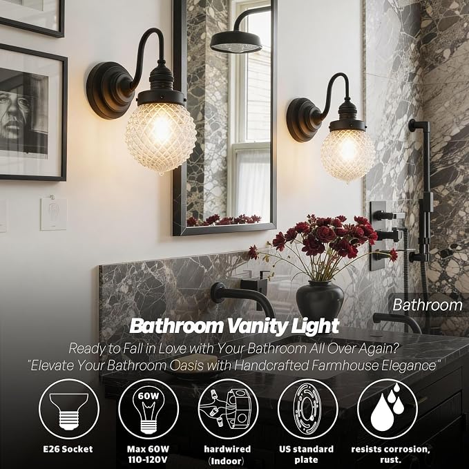 Black Wall Sconce Farmhouse Bathroom Vanity Light,Clear Glass | Vintage,Hardwired Indoor,Hand-Blown Thick Glass,for Bathroom Mirror Kitchen Hallway,UL-Listed E26 Socket