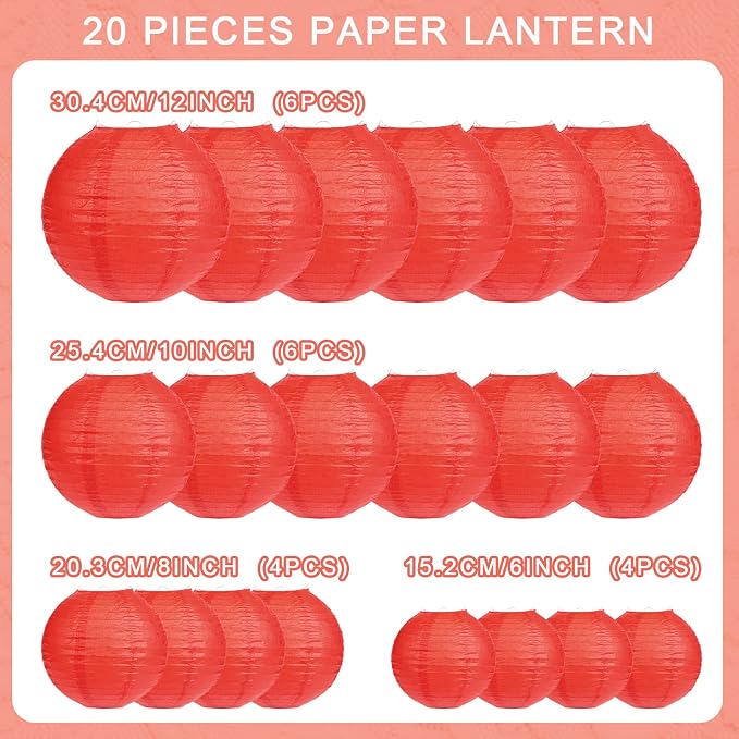 LIHAO 20 Pack Red Paper Lanterns, 4 Assorted Sizes Round Hanging Decor | Chinese New Year, Lunar New Year, Red Chinese Lantern, Wedding or Birthday Party, Metal Frames Included