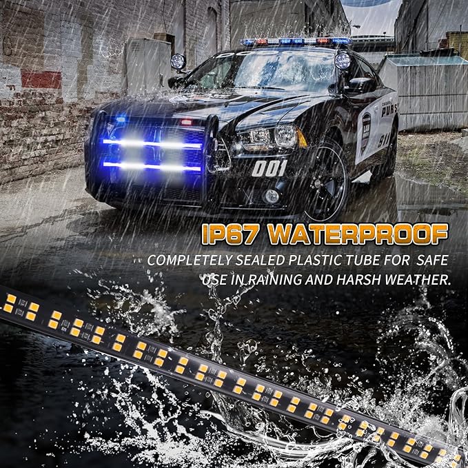 XRIDONSEN 2PCS 30 inch Blue White Grill Emergency Lights Strip 360 LED Tailgate/Rear Window/Grille Strobe Lights Flashing Warning Safety First Responder Lights for Firefighter Police Vehicles Trucks