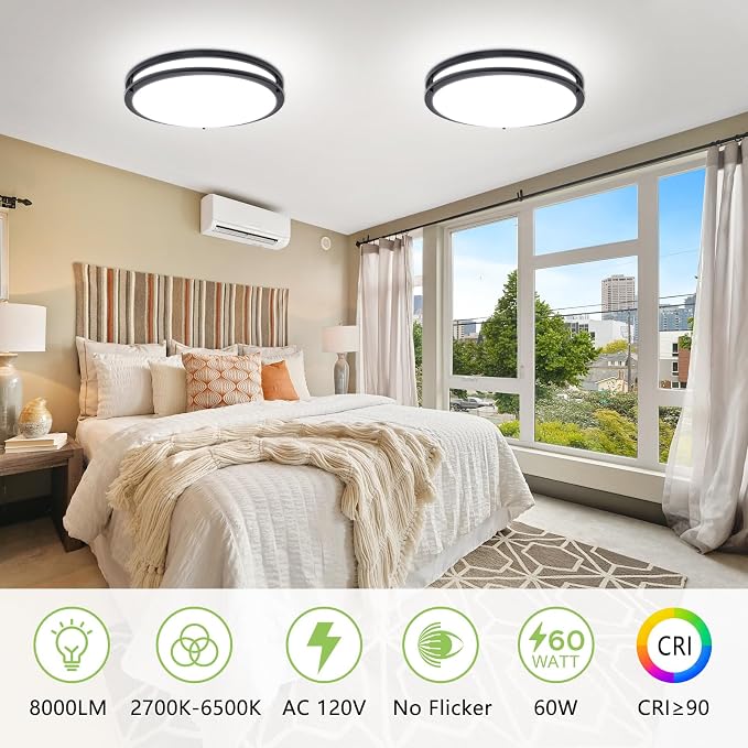 Flush Mount Ceiling Light - 2 Pack 60W 3000K/3500K/4000K/5000K/6000K Dimmable Led Ceiling Light Fixture for Kitchen Hallway Bedroom Bathroom (2, Black, 17.5 Inch)