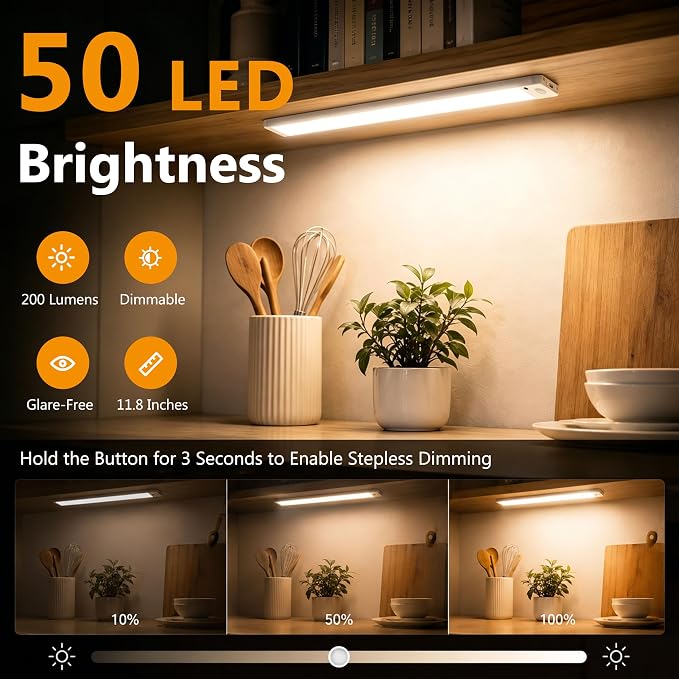 Zhuanxu 12inch Under Cabinet Lighting Wireless, Closet Light, Rechargeable LED Motion Sensor Indoor, 3 Color Temps&4 Modes Kitchen Light, Long Lasting, Stick-On Magnetic Led Lights for Bedrooms, 2PC
