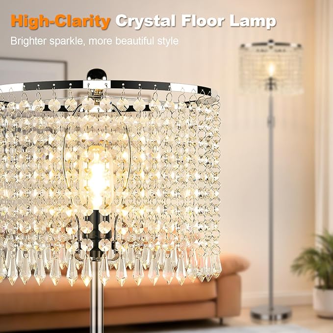 【Upgraded】 Dimmable Crystal Floor Lamps for Living Room, 1000LM LED Bulb Included, Standing Lamp with Knob Switch, Tall Silver Modern Floor Lamp for Bedroom Nursery Office Reading