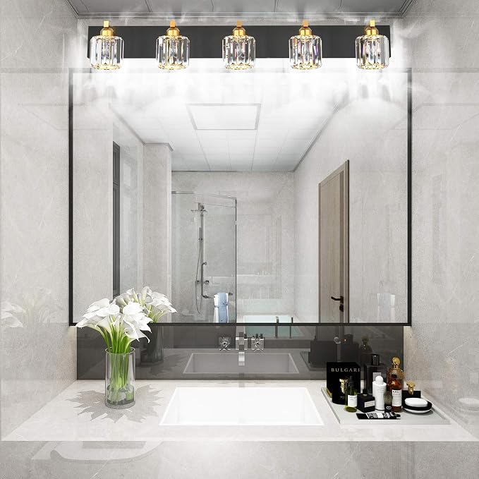 Aipsun Crystal Bathroom Vanity Light Black Vanity Lighting fixtures 5 Lights Crystal Vanity Light for Bathroom(Exclude Bulb)