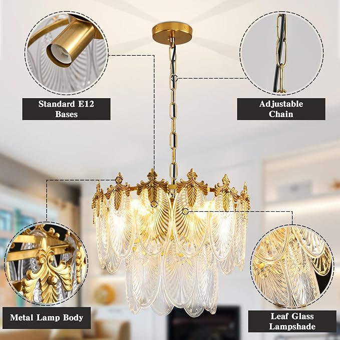 Antique Chandeliers 2-Layer Gold Crystal Glass Chandelier, 4-Light Round Pendant Light 17.7" Brushed Brass Adjustable Height, Applicable to Dining Room, Bedroom, Living Room, Foyer, Kitchen Island