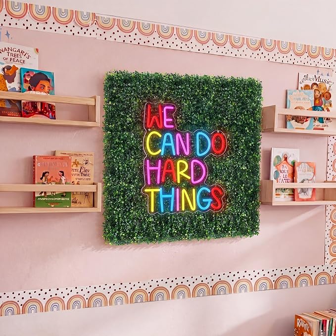 Thyle 10 Pcs Classroom Reading Corner Decorations Set We Can Do Hard Things | Neon Lights and 9 Pcs Artificial Grass Wall Panels Backdrop Decor for Back to School Library Teen Girls Bedroom