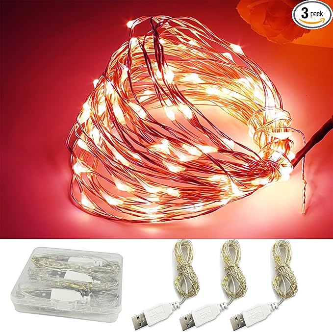 3 Pack USB Fairy Lights, USB Powered String Lights 16.5FT 50 LEDs, Fairy String Lights for Bedroom, Wedding, Party, Christmas Tree Decoration (Red)