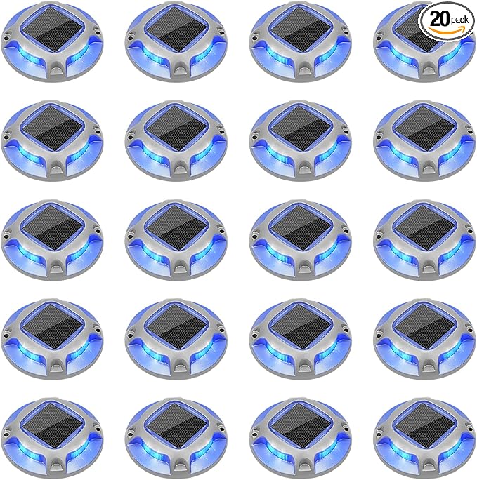 VOLISUN Solar Driveway Lights Dock Marine Lights 20 Pack,2 Colors in 1,Outdoor LED Deck Light,Solar Powered Waterproof Warning Step Light for Driveway Sidewalk Pathway (Blue/White),Saltwater Resistant
