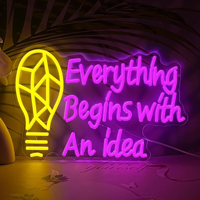 LISIGNVE Inspirational Light Bulb Neon Sign Everything Begins With An Idea LED Neon Light Wall Art for Classroom Creative Room Office Bedroom Cafe Motivational Gift for Student Entrepreneurs Writers Artists
