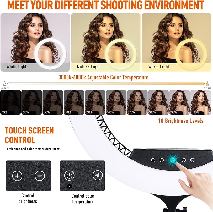 GWO 21 inch LED Ring Light with Tripod Stand 6000K Dimmable Makeup Selfie Light with Touch Panel Phone Holders for YouTube Vlog Video Shooting Include Carrying Bag and Remote Control CRI>90