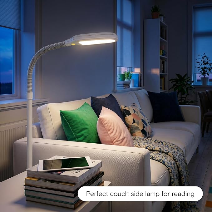 Brightech Litespan - Bright LED Floor Reading Lamp for Over Chair Crafts and Reading, Estheticians' Light for Lash Extensions, Adjustable Standing Lamp for Living Room, Bedroom, Office - White