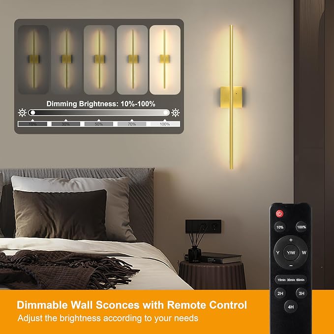 Morauroral 36 Inch Battery Operated Wall Sconces Set of 2, Dimmable Battery Wall Sconce with Remote Control, Painted Gold LED Rechargeable Sconces, Modern Wireless Wall Lights for Bedroom, Living Room