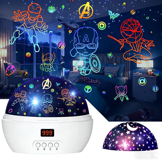 MOKOQI Kid Light Projector Superhero Toys for Boys 5-7 Avengers Night Light | Projector with Timer for Kids Room, 360 Degree Rotation Toddler Nightlights with Spiderman Figurine Star Lamps White