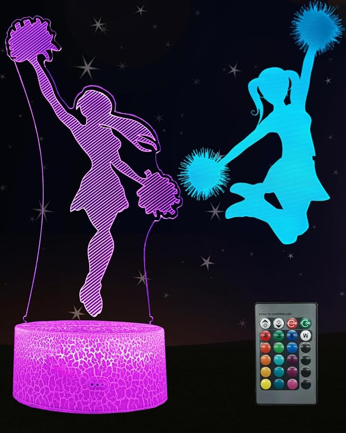 Cheerleader Gift 3D Illusion Night Light for Girls 2 Patterns | Cheerleading Lamp, 16 Colors Change, Dimmable, Touch & Remote Control, Room Bedroom Décor, Kid Teenager Birthday Christmas
