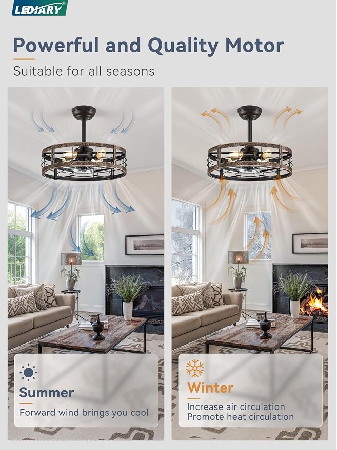 LEDIARY 20 inch Fandelier Caged Ceiling Fan with Light, Black Gold | 6 Speed Adjustable,Timing, Quiet & Powerful DC, Small, Farmhouse, Industrial, Enclosed, Bladeless, Bedroom, Kitchen, Downrod