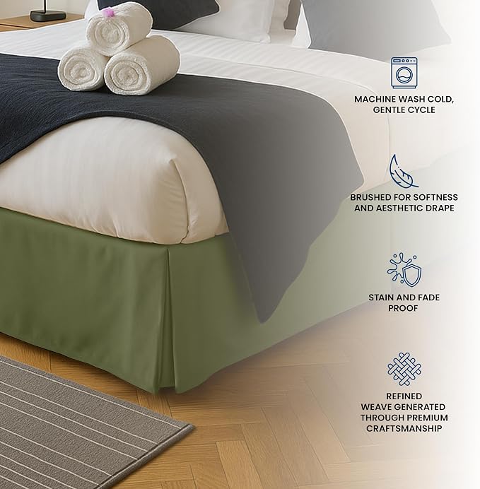 Queen Bed Skirt, Hides Under-Bed Storage 16 Inch Drop, Pleated, Olive | Easy Fit Design, Shrinkage & Fade Resistant, Hotel Style, Microfiber Durable Fabric, Machine Washable