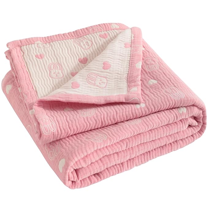 NTBAY 3 Layer Oversized Muslin Toddler Blanket, 45 x 60, Pink Rabbit | Muslin Cotton Outer Layers with Light Thermal Fiber Fill, Reversible Blanket for Daycare, Travel, Naps, and Supervised Use