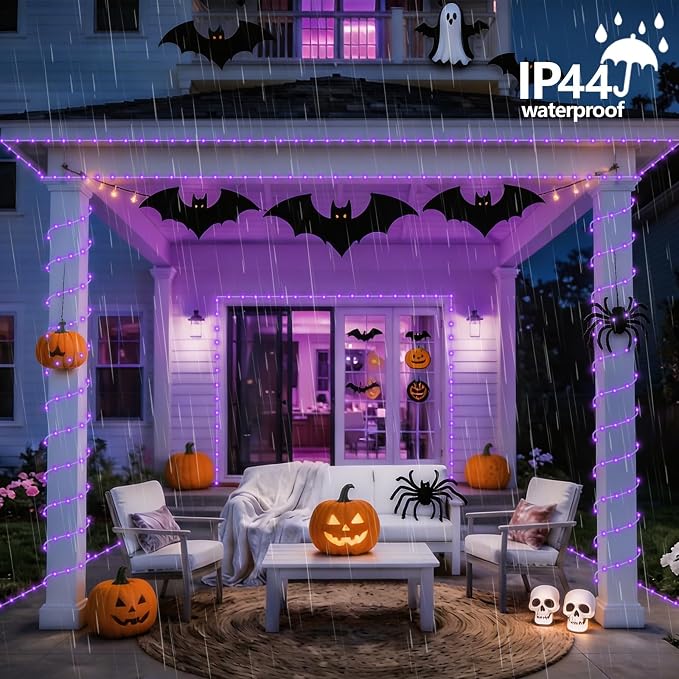 YEGUO Solar Halloween Lights, 2 Packs Each 33ft 100 LED String Lights Outdoor Waterproof, 8 Modes Fairy Lights in Clear Thin Tube for Camping Fence Patio Garden Trampoline Deck(Purple)