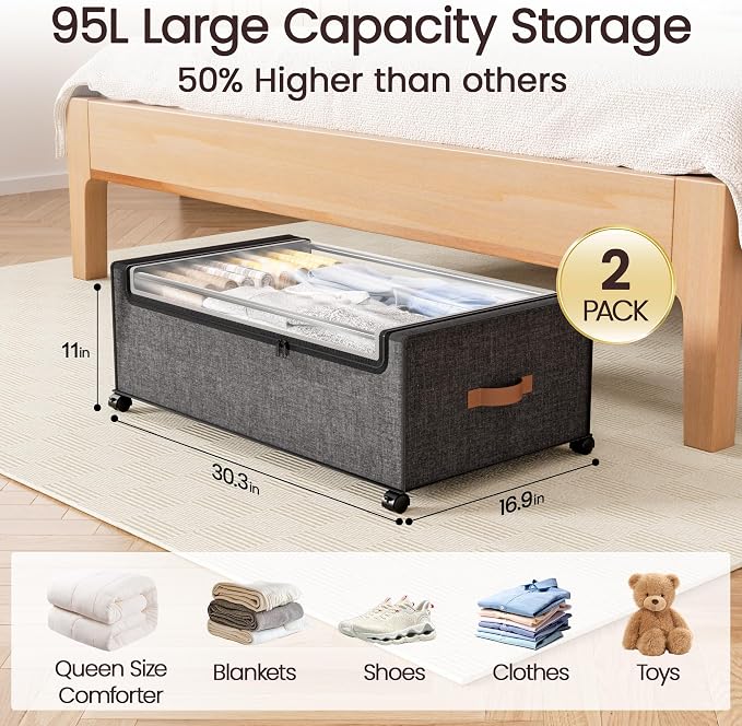 Yecaye 95L Under Bed Storage Containers, Fits 11" Under Bed, 2 Pack, Grey | XXL Capacity, 360° Rolling Wheels, Sturdy Metal Frame, Clear Window & Label, Storage Bins for Clothes, Shoes, Blankets