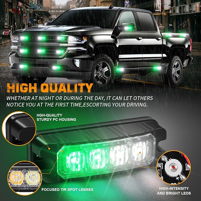 8PCS Sync Grill Strobe Lights 32 LED Green White Emergency Lights | Grille Surface Mount Warning Safety Hazard Caution Light for Tow Plow Trucks Construction Vehicles, Car, ATV, UTV, Motorcycle