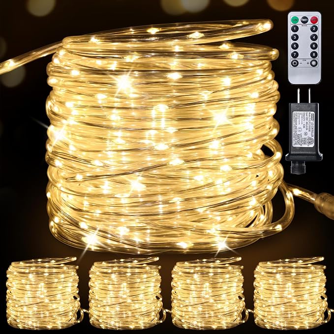 165FT 500LEDs Connectable Rope Lights Plug in,Warm White | Rope Lights for Outside,Waterproof 8 Modes Remote Tube Light for Indoor Outdoor Christmas Wedding Birthday Patio Porch Garden