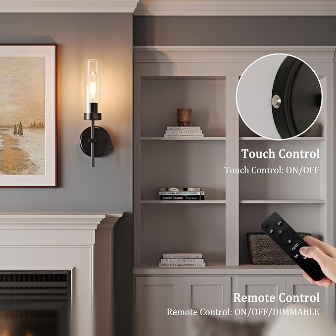 Black Battery Operated Wall Sconce Set of 2, Wireless Wall Sconces with Remote Control, Rechargeable 3000K Dimmable Wall Light for Bedroom Living Room Bathroom Hallway Entryway Stairwell