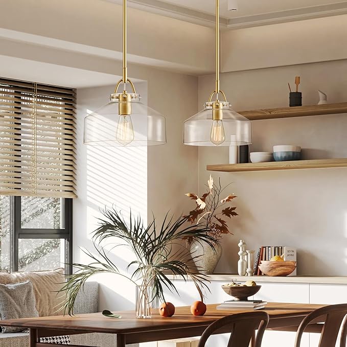 WUZUPS Chandelier Rustic Farmhouse Industrial Round Ceiling Pendant LED Light Fixture with Clear Glass Shades for Dining Room Kitchen Island Foyer Entryway, H 9.4" x W 10.6", E26 Base, Gold