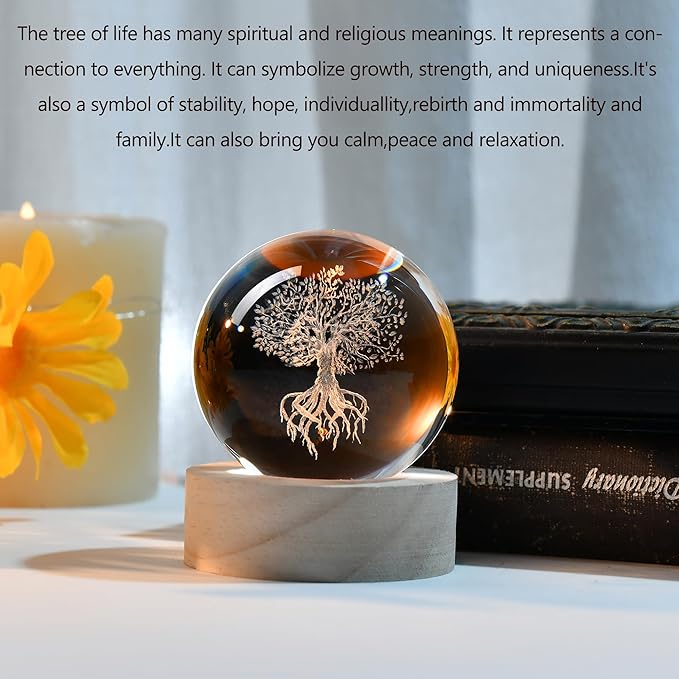 IFOLAINA Tree of Life Crystal Ball with Lighted Base Laser Engraved Glass Ball Tree of Life Night Light Decorative Globes 3D Crystal Plant Sphere Gifts for Her Birthday