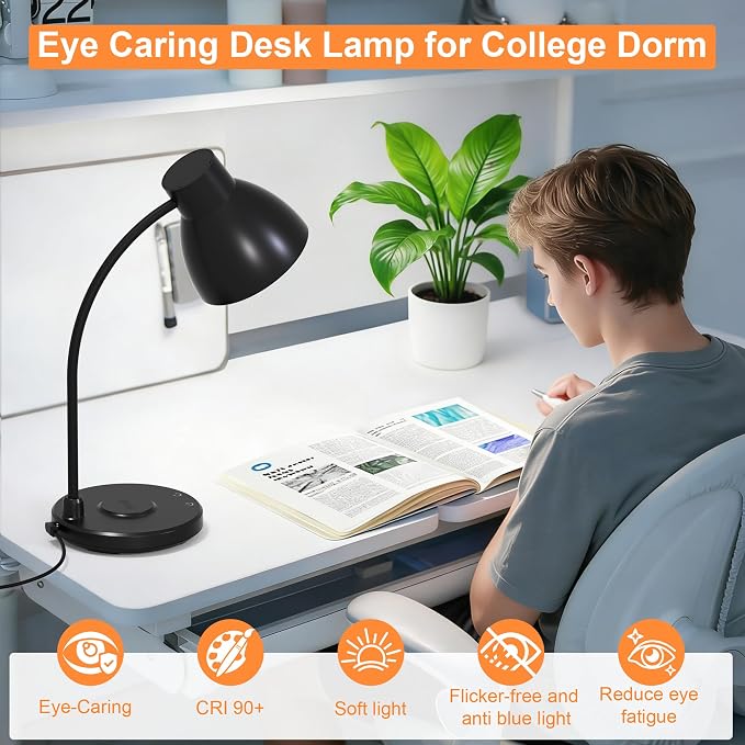 LED Desk Lamp for Home Office with Wireless Charger, Black | 3 Color Modes Dimmable Eye-Caring Study Reading Dorm Desk Lamp, 360° Flexible Arm Table Lamp for College Dorm Room, 800 Lumen