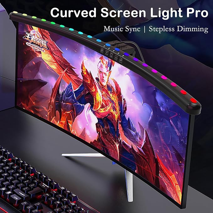 Curved Screen Light Bar Pro – RGB Music-Synced Ambient Lighting for 24”+ Monitors, Anti-Glare Desk Lamp with Touch Control, Stepless Dimming & Heavy-Duty Clamp