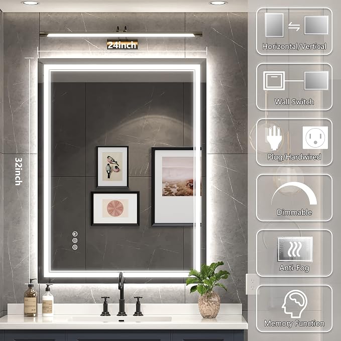 Ratsamee Led Mirror for Bathroom with Front Light and Backlit, 24x32 Inch,Bathroom Mirror with Led Lights, Anti-Fog, Dimmable, Memory Function, Tempered Glass Neutral White（Frontlit+Backlit）