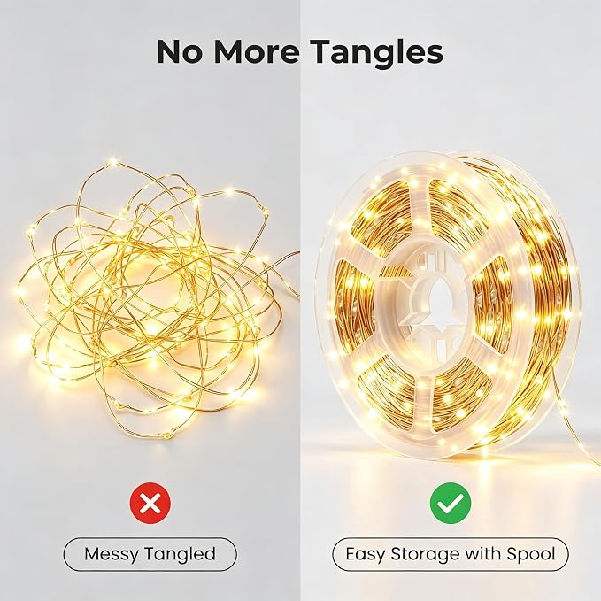2 Pack Battery Operated LED Fairy Lights with Remote, 33ft 100LED Warm White Twinkle Lights, Waterproof String Lights for Bedroom with Reel for Wedding Party Christmas Decor
