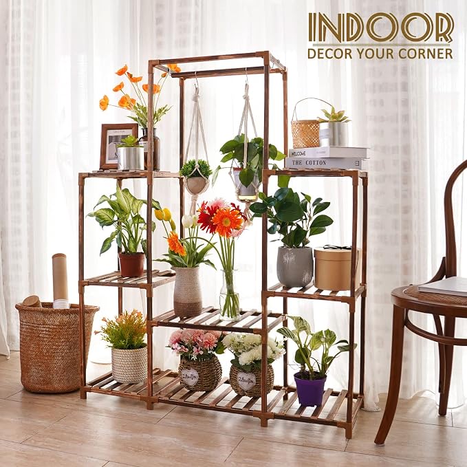 Plant Stand Indoor Outdoor Tall Shelf for Multiple Plants 8 Tiers 12 Pot Large Rack Pine Wood Corner Plant/Flower Holder for Room Corner Balcony
