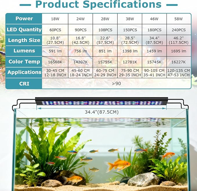 hygger 46W LED Aquarium Light, 24/7 Mode Fish Tank Light with Timer, IP68 Waterproof Full Spectrum Aquarium Plant Lights, 8 Colors DIY, 10 Brightness Memory Function for Freshwater 35-41inch